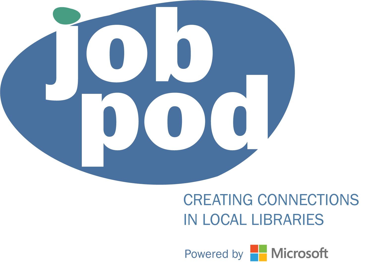 JobPod logo. Tagline says "Creating Connectoins in Local Libraries". Powered by Microsoft