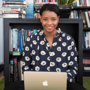 woman on laptop in library